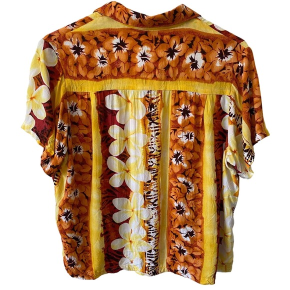 JAMS WORLD Vintage Women's Button Top Yellow Brown Plumeria Print Size Medium - Picture 2 of 8